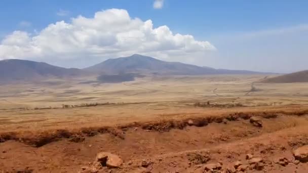 Panoramatický Pohled Suché Krajiny Pod Modrou Oblohou Tanzanii — Stock video