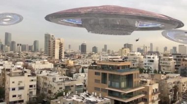 Alien uzay Over şehir Invasionpowerful Video kompozisyon gerçek görüntüleri Alien ufo uzay unsurları görsel efektler ile Tel aviv city uçağı ve helikopter ile üzerinde taklit eder
