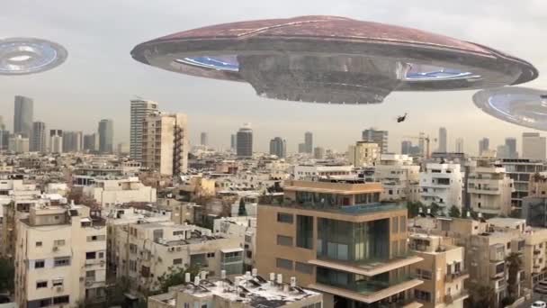Alien Spaceships City Invasionpowerful Video Compositing Simula Filmati Reali Con — Video Stock