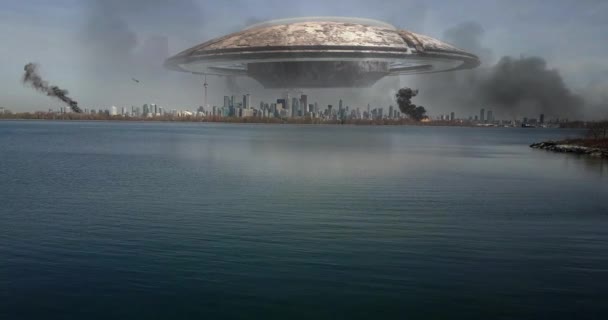 Alien Spaceship Invasion Destroyed Toronto City Illustrattionvideo Compositing Simulates Real — Stock Video