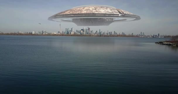 Alien Spaceship Invasion Toronto City Illustrattionvideo Compositing Simula Imágenes Reales — Vídeos de Stock