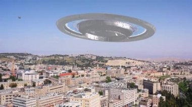 Uzaylı Uzay Gemisi Kudüs 'ün üzerinde süzülüyor Eski Şehir 3D illüstrasyon Gerçek İHA görüntüleri ve Helikopterler / İsrail.