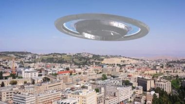 Uzaylı Gövdesi Kudüs 'ün üzerinde süzülüyor Eski Şehir 3D illüstrasyon Gerçek İnsansız Hava Aracı Görünümü / İsrail.