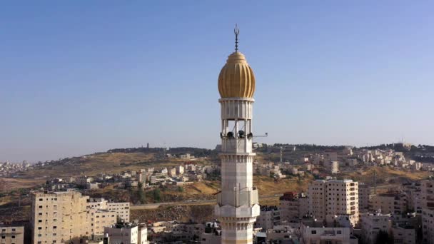 Minarett Des Moschee Turms Flüchtlingslager Anata Bei Sonnenuntergang Drohnenaufnahmen Über — Stockvideo