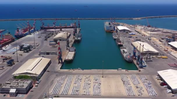 Ashdod Port Aerial Cargo Ships Rows Carsashdod Harbor Drone View — 图库视频影像
