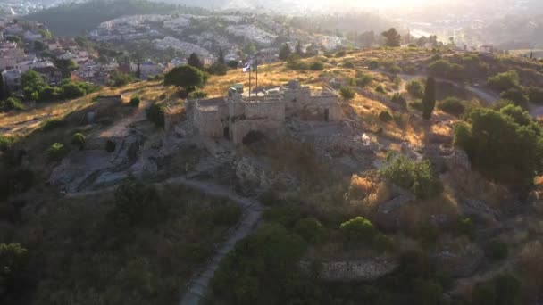 Castel National Park Silhouet Zonsondergang Jeruzalem Luchtfoto Eilandsymbool Van Strijd — Stockvideo