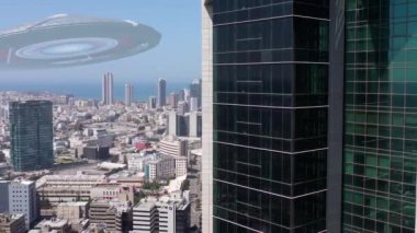 Uzaylı İstila Tabakları Büyük Şehir 'in üzerinde, 3D İllüstrasyon Tel Aviv, İsrail, İHA görüşlü görsel efekt elementleri