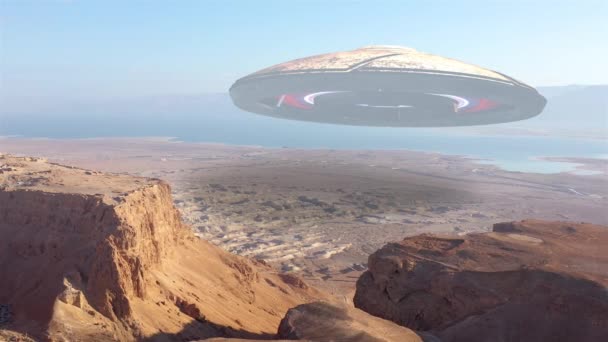 Alien Ufo Schotel Zweven Woestijn Bergen Zee Antenne Masada Dode — Stockvideo