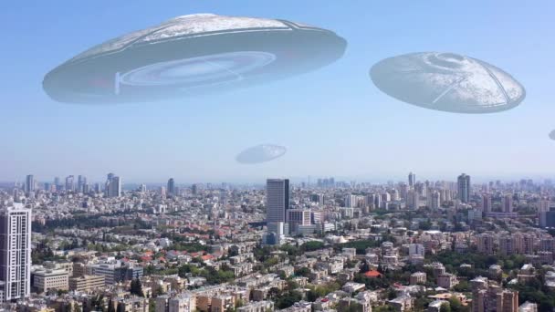 Alien Ufo Invasie Schotels Grote Stad Illustratietel Aviv Israël Drone — Stockvideo
