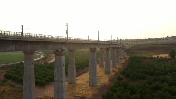 Grande Ponte Ferroviario Con Campi Verdi Tramonto Veduta Aerea Israele — Video Stock