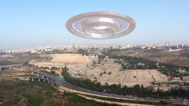 Außerirdische Ufo Untertassen Über Großstadt Illustrationjerusalem Israel Drohnenansicht Mit Visuellen — Stockvideo