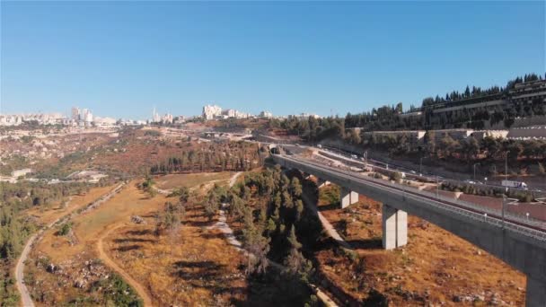 Jerusalem Entrance Railway Bridge Traffic Aerialflight View Rusalem Entrance Railway — Stock Video