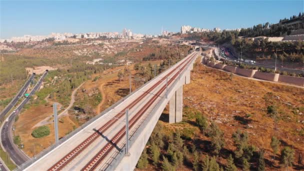 Jerusalém Entrada Ponte Ferroviária Tráfego Aerialflight View Rusalem Entrada Ponte — Vídeo de Stock