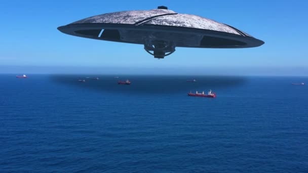 Alien Ufo Tefat Rymdfarkoster Flyger Över Havet Med Lastfartygreal Drönare — Stockvideo