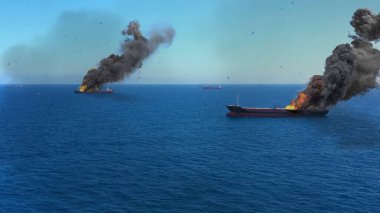 Akdeniz 'de saldırı altında yanan kargo gemileri. Görsel efekt elementleri ile gerçek drone görüntüsü.