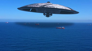Uzaylı UFO uzay aracı Kargo Gemisi Gerçek İHA görüntüsü ve görsel efekt elementleriyle denizin üzerinde uçuyor., 