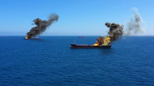 貨物船地中海での攻撃の下で燃焼視覚効果を持つ実際のドローンビュー要素 — ストック写真