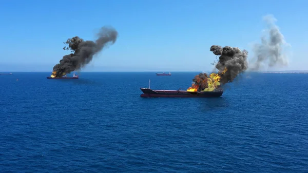 Akdeniz 'de saldırı altında yanan kargo gemileri. Görsel efekt elementleri ile gerçek drone görüntüsü.