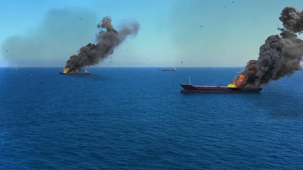 地中海实干号上的货船在遭受袭击时起火 具有空中视觉效果 — 图库照片