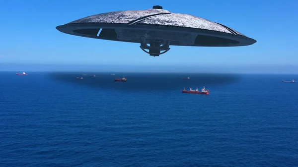 Alien Ufo Platillos Nave Espacial Que Vuela Sobre Mar Con — Foto de Stock