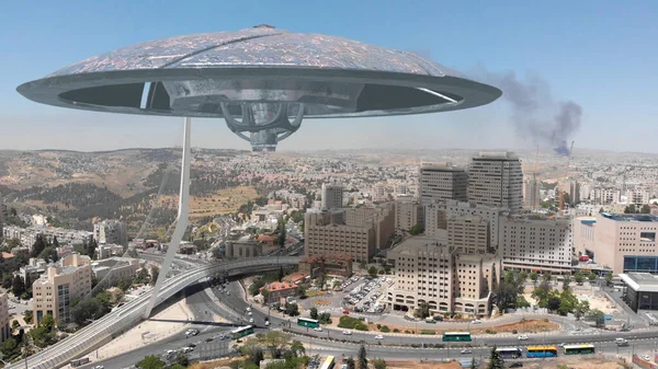 Alien Ufo Invasion Saucers Large City Jerusalem Illustrationjerusalem Israel Drohnenansicht — Stockfoto