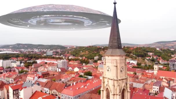 Alien Ufo Flying Saucers Large City Europe Aerialred Rooftops City — Vídeo de Stock