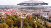 Alien ufo flying Saucers over Large City in Europe, AerialRed rooftops city in europe with large church cross, Drone view with visual effect Elements