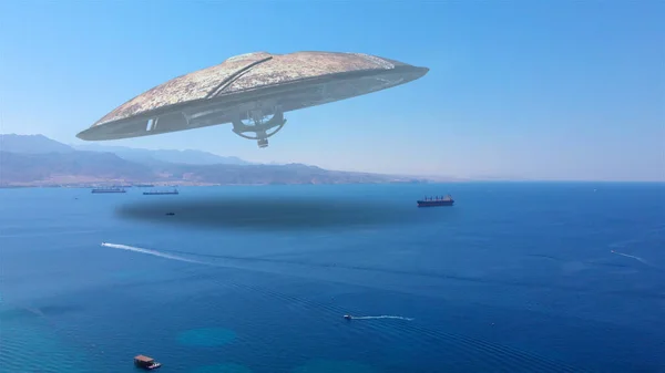 Rendering Alien Ufo Saucers Sobre Mar Vermelho Com Montanhas Jordânia — Fotografia de Stock