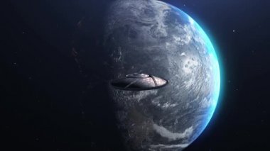 Dünya üzerinde UFO Uzaylı Metalik Sinema İşgali, Metalik Uçan Daire Uzay Gemisi Dünya 'ya doğru ilerliyor, İstila Konsepti - 3D
