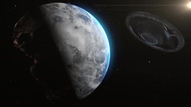 UFO Uzaylı Gövdesi Dünya 'nın üzerinde süzülüyor, Metalik dönen daire uzay gemisi Dünya' nın üzerinde süzülüyor, İstila Konsepti - 3D