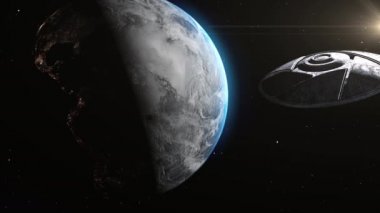 UFO Uzaylı Gövdesi Dünya 'nın üzerinde süzülüyor, Metalik dönen daire uzay gemisi Dünya' nın üzerinde süzülüyor, İstila Konsepti - 3D