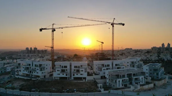 Cranes Silhouette Construction Site Beautiful Sunset Modiin City Israel July — Stock Photo, Image