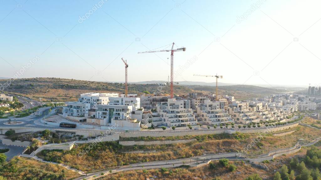 Modiin City Construction Site and Cranes, AerialDrone,Summer, JUly, Israel
