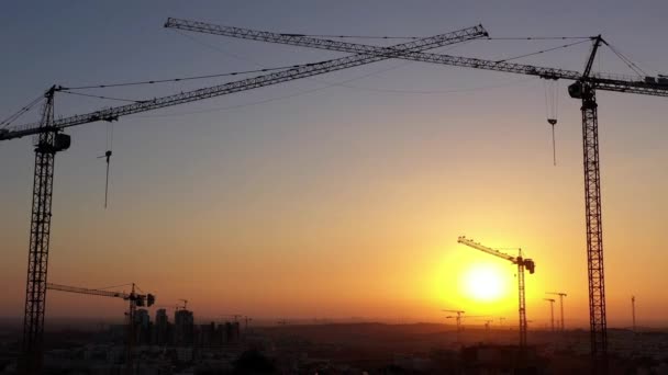 Construction Site Cranes Silhouette Modiin City Israel Aerial View Drone — Stock Video