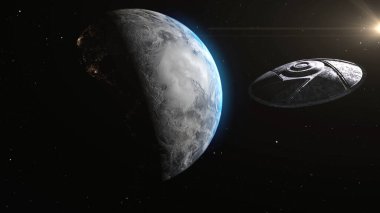 Dünya üzerinde UFO Uzaylı Metalik Sinema İşgali, Metalik Dönen Gövde Uzay Gemisi Dünya 'ya doğru ilerliyor, İstila Konsepti - NASA tarafından desteklenen bu görüntünün 3 boyutlu görüntüleme elementleri