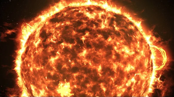 Büyük Güneş patlamalarıyla Güneş, Güneş patlamalarıyla Gerçekçi Kızıl Güneş yüzeyi, 3D görüntüleme.