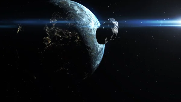 Asteroid Meteor Rock Lecący Kierunku Planety Ziemirealityczna Kinematyczna Wizja Ziemi — Zdjęcie stockowe