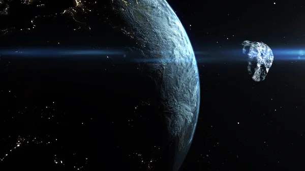 Göktaşı taşı Dünya Gezegeni 'ne doğru uçuyor Dünya' nın sinematik görüntüsü ve büyük meteor göktaşı kuyruklu yıldızı dış uzay görüntüsü.