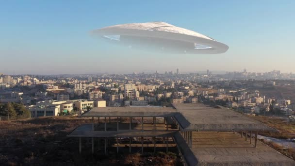 Large Ufo Літаюча Тарілка Над Єрусалимом City Aerial Vielive Drone — стокове відео