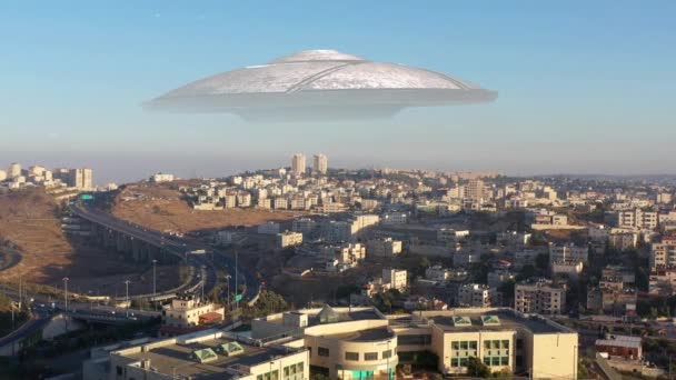 Large Ufo Flying Saucer Jerusalem City Aerial Viewlive Drone Footage — Stock Video