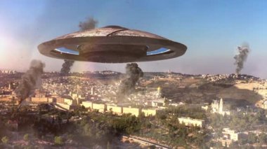 Ufo uçan dairesi Kudüs Eski Şehir 'in üzerinde görsel efekt unsurları ile havadan canlı insansız hava aracı görüntüleri, İsrail' i işgal, 4K