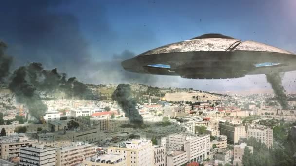 Ufo Vliegende Schotel Verwoest Jeruzalem Old City Luchtfoto Live Drone — Stockvideo