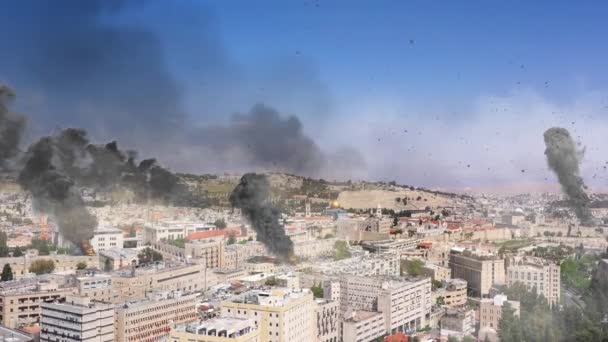Jerusalén Guerra Con Humo Fuego Antena Viewlive Drone Imágenes Acción — Vídeo de stock