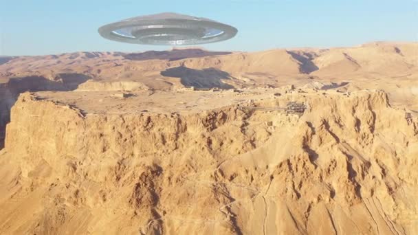 Alien Ufo Tefat Över Ancient City Öken Aerialdrone Utsikt Över — Stockvideo