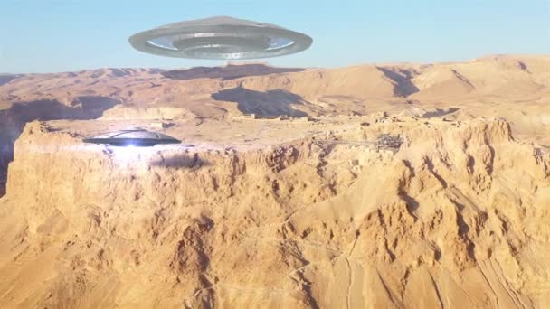 Alien Ufo Spodek Nad Starożytnym Miastem Pustyni Aerialdrone Widok Masada — Wideo stockowe