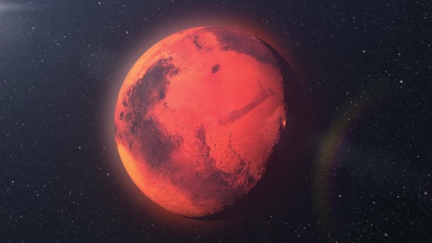 Planeet Mars Draait Met Sterren Zonnevlam Realistische Filmische Visie Rode — Stockvideo