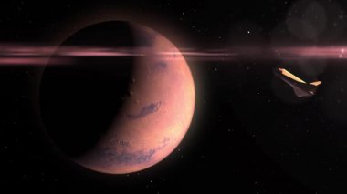 Mars 'ın yörüngesinde dönen uzay mekiği gerçekçi sinematik görüş, kırmızı gezegen, dış uzay görüşü