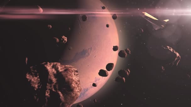 Космический Шаттл Рядом Планетой Марс Астероидами Реалистичное Кинематографическое Зрение Красная — стоковое видео