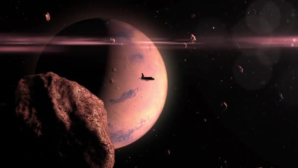 宇宙飞船带着小行星现实的电影视觉 红色的行星 外层空间的观点离开火星轨道 — 图库视频影像