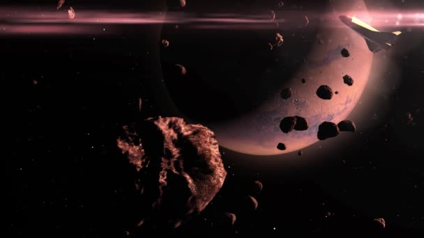 Asteroidlerin Yörüngesinde Dönen Uzay Mekiği Gerçekçi Sinematik Görüş Kırmızı Gezegen — Stok video